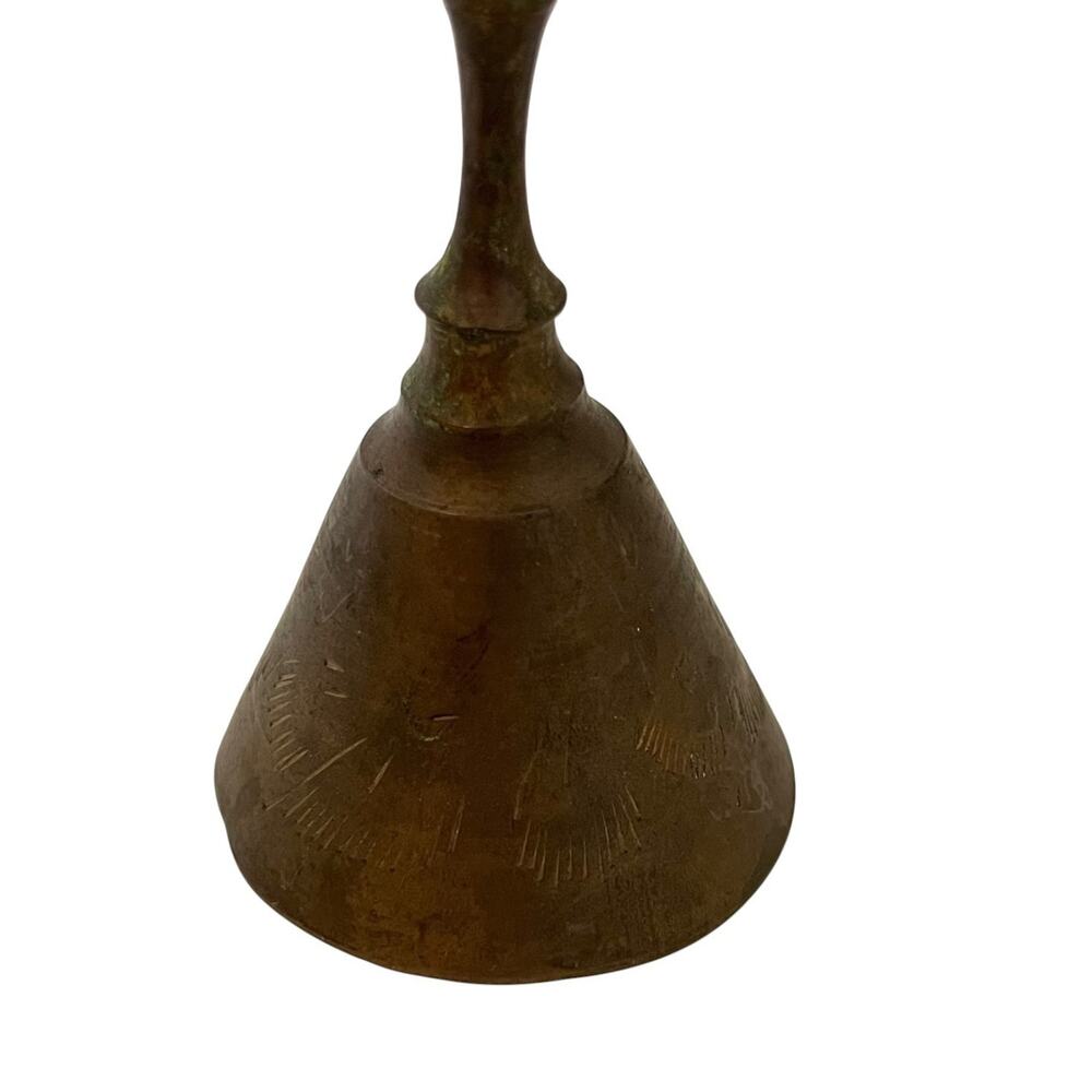 Vintage Etched Brass Hand Bell Ornate Design Small Dark Patina - Picture 5 of 8